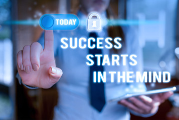 Writing note showing Success Starts In The Mind. Business concept for set your mind to positivity it can go a long way Modern technology Lady front presenting hands blue glow copy space