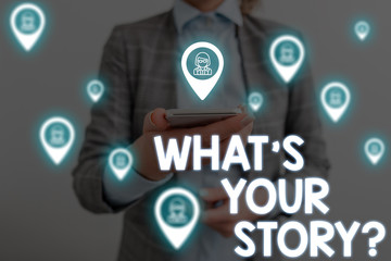 Handwriting text writing What S Your Story Question. Conceptual photo asking demonstrating about his past life actions career or events Woman wear formal work suit presenting presentation using smart