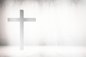 White Grunge Concrete Room Background with Light Leak on Christ Cross, Suitable for Christian Religion Concept.
