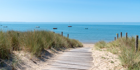 coastal area with sand beach grass entrance to Atlantic ocean in Ile de Noirmoutier France in web banner template header - obrazy, fototapety, plakaty