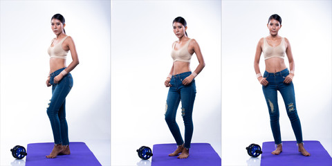 Collage group pack Portrait of Asian slim Fitness woman exercise warm up stretch muscle and boxing...