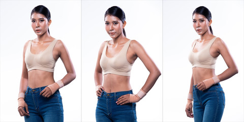 Collage group pack Portrait of Asian slim Fitness woman exercise warm up stretch muscle and boxing puch body wear sport bra and Jean pants, Concept Woman Can Do athlete Sport healthy © Jade