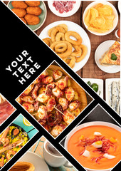 Spanish Food Collage design for a banner, restaurant menu, or cookbook cover, with a place for text or logo