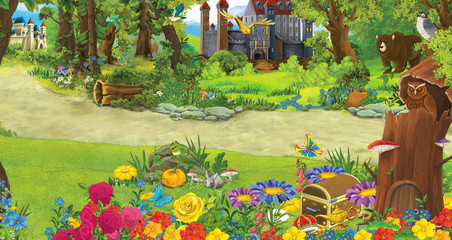 Cartoon nature scene with beautiful castles near the forest - illustration for the children