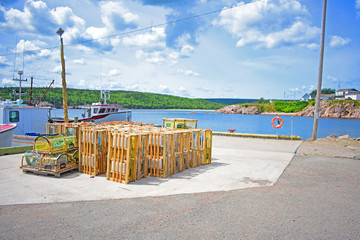 Lobster traps in fishing harbor.