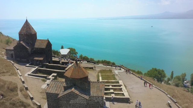 old Sevanavank monastery on the shore of lake Sevan in Armenia. in summer on a clear Sunny day. photography from the quadrocopter. the view from the top