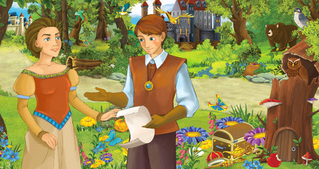 Naklejka premium cartoon scene with happy young girl and boy prince and princess in the forest near some castles - illustration for children