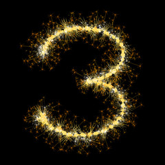 Bengal lights golden glittering sparks number set. Vector shining golden figures of sparkles and stars on black background.