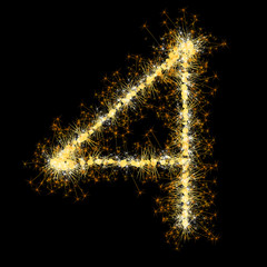 Bengal lights golden glittering sparks number set. Vector shining golden figures of sparkles and stars on black background.