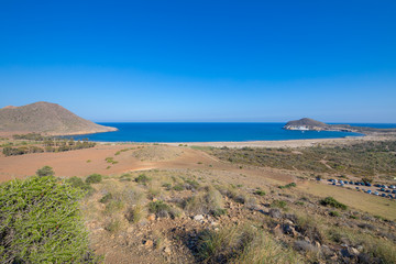 beach of Genoveses and Mediterranean sea from behind in Gata Cape Natural Park (Cabo de Gata in...