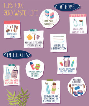 Сollection of tips styckers for zero waste life on moodboard.