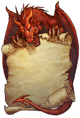 Mighty dragon holding an old paper scroll