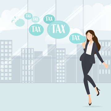 happy business woman blowing tax balloon eps10 vectors illustration