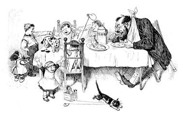 German satirical magazine, humor and caricatures: not a very polite dinner at home, mum is out and rascal boys make fun and mess at the table, dad is concentrated on food