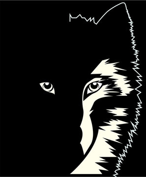 dangerous wolf in the dark, black and white drawing, vector illustration