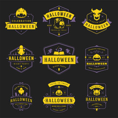 Happy halloween labels and badges design set vintage typography templates for greeting cards banners vector illustration