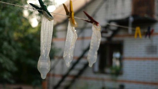Transparent latex condoms hang on clothesline in backyard of house, attached with clothespins and swing in light breeze. Maybe they were washed to be used again. Outdoors.