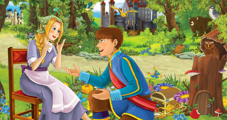 Obraz na płótnie Canvas cartoon scene with prince and girl in the forest near the castle illustration for children