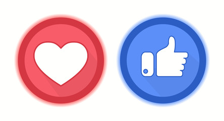 Obraz premium Red Heart and blue thumbs up flat style logos abstract background. Like concept. Love, sale, design concept. Vector illustration