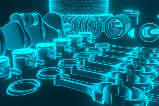 Auto parts, spare parts car on the grey background. Set with many new items for shop or aftermarket. Auto parts for car. 3D rendering