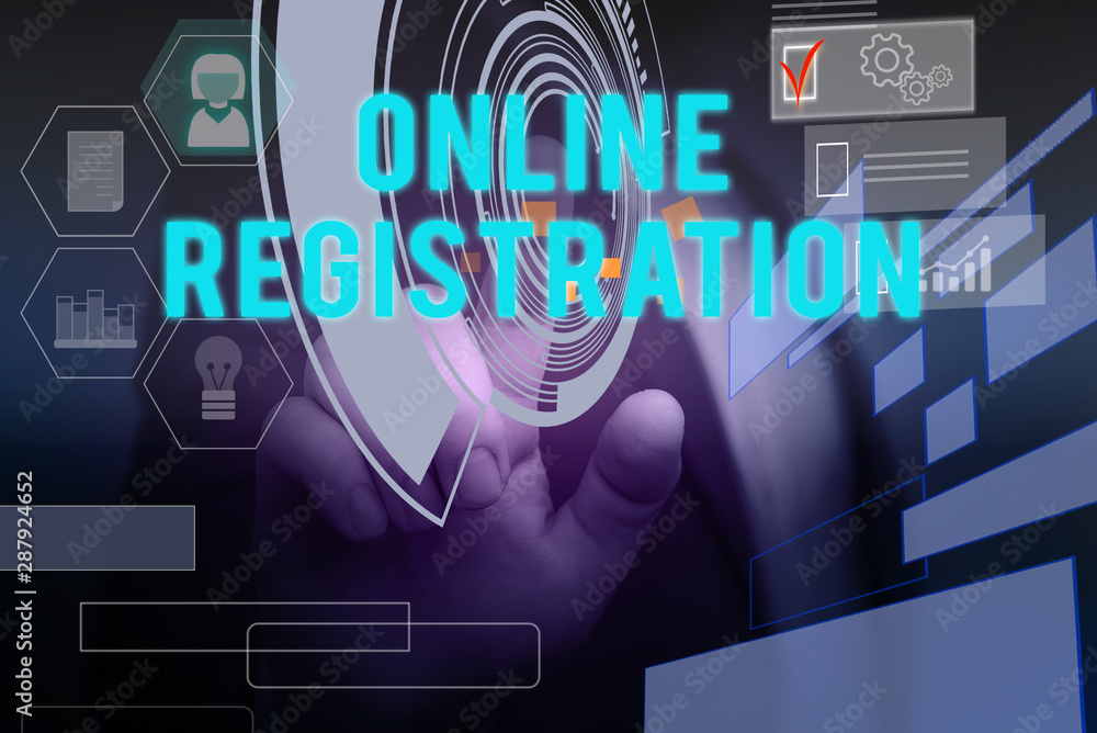 Poster text sign showing online registration. business photo text system for subscribing or registering via