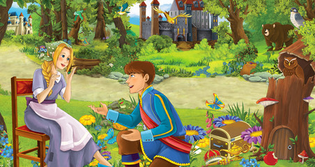 Obraz na płótnie Canvas cartoon scene with happy young girl and boy prince and princess in the forest near some castles - illustration for children