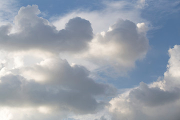 Fototapeta na wymiar Big clouds in blue sky. Close-up.
