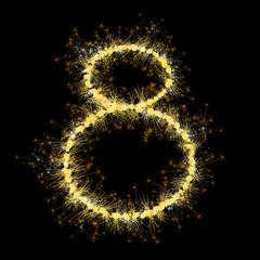 Bengal lights golden glittering sparks number set. Vector shining golden figures of sparkles and stars on black background.