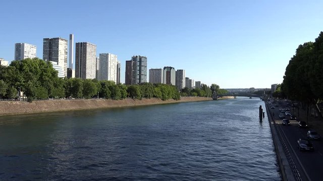 Paris Seine River, People Tourists Boats Traveling on Senna, Ships Trip View 4K
