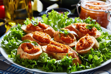 close-up of Toasted baguette with veggies puree