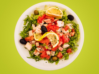 Mediterranean squid salad with greens, tomatoes, olives and lemon on the white plate and olive color background, served seafood salad dish