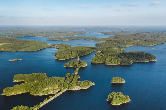 Lake Saimaa in Finland from above in a bird's-eye view drone shot lakeland nature explore unwind
