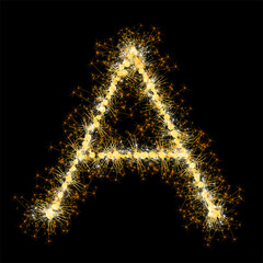 Bengal lights golden glittering sparks leters set. Vector shining golden figures of sparkles and stars on black background.