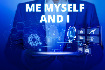 Text sign showing Me Myself And I. Business photo text used by speaker to refer to herself as the object of a verb Male human wear formal work suit presenting presentation using smart device