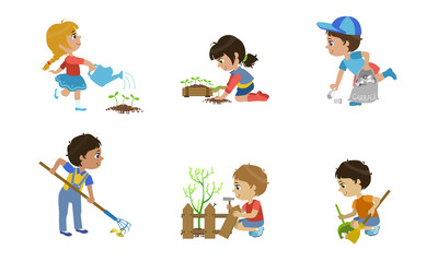 Kids Volunteers Set, Cute Children Working in Garden, Planting and Watering Trees, Trimming Bushes, Picking up Garbage Vector Illustration