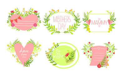 Mothers Day Elegant Card Templates Set, Design Element with Blooming Flowers Can Be Used for Greeting Card, Invitation, Poster, Banner Vector Illustration
