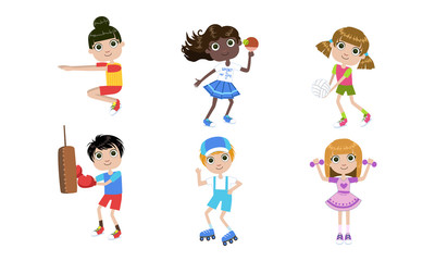 Kids Doing Different Kind of Sports Set, Boys and Girls Playing Table Tennis, Volleyball, Squatting, Exercising with Dumbbells Vector Illustration