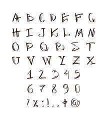 English alphabet. A set of letters, numbers and signs are drawn with a felt-tip pen. Black and white vector isolated illustration.