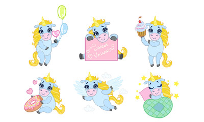 Cute Unicorn Cartoon Character Set, Lovely Adorable Animal in Different Situations Vector Illustration