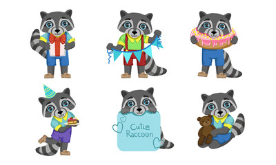 Cute Raccoon Cartoon Character Set, Adorable Animal in Different Situations Vector Illustration