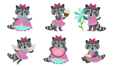Cute Raccoon Cartoon Character in Pink Dress and Bow Set, Adorable Animal in Different Situations Vector Illustration