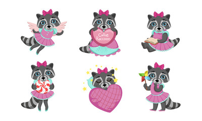 Cute Raccoon Cartoon Character in Pink Dress Set, Cutie Adorable Animal in Different Situations Vector Illustration