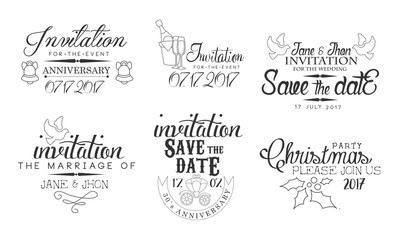 Invitation for the Event, Save the Date Monochrome Badges Set, Wedding, Christmas Party Design Element Hand Drawn Vector Illustration