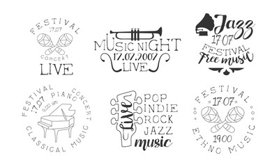 Festival Live Concert Hand Drawn Badges Set, Ethnic Music, Classical Music Concert, Pop, Indie, Rock, Jazz Music Monochrome Vector Illustration