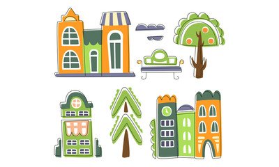 Cute City Landscape Elements Set, Town Residential Houses, Public Buildings, Trees, Bench Hand Drawn Vector Illustration