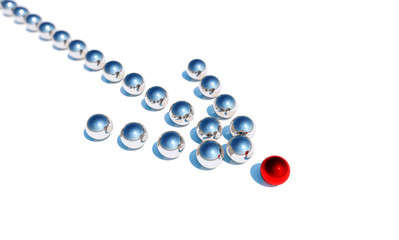 Concept or conceptual row of balls in form of an arrow with a red one standing out on blue background as a metaphor for creativity and leadership. A courage, action and success 3d illustration
