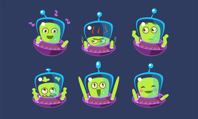 Obraz premium Cute Alien Character Set, Funny Monster with Different Emotions, Green Emojis Vector Illustration