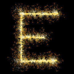 Bengal lights golden glittering sparks leters set. Vector shining golden figures of sparkles and stars on black background.