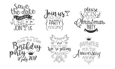 Invitation for the Event, Save the Date Monochrome Badges Set, Wedding, Christmas, Party, Anniversary Design Element Hand Drawn Vector Illustration