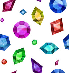 Seamless pattern of handmade multicolored abstract crystal gems and precious stones. Decorative background is suitable for gift paper, postcards or textile fabric.